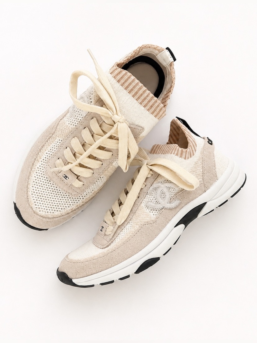CC ch*nel beige cream knit shoes